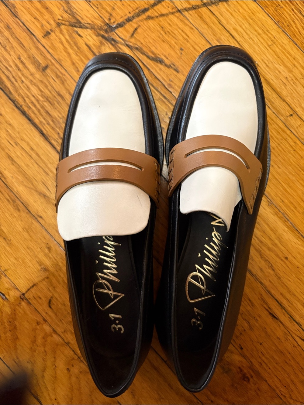 3.1 Phillip Lim Black, White and Brown Leather Penny Loafers